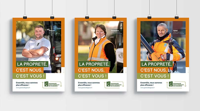 Trois modèles d'affiches présentants un agent d'entretien pour la campagne propreté réalisée par le Communauté d'Agglomération de l'Albigeois