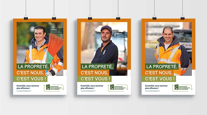 Trois modèles d'affiches présentants un agent d'entretien pour la campagne propreté réalisée par le Communauté d'Agglomération de l'Albigeois