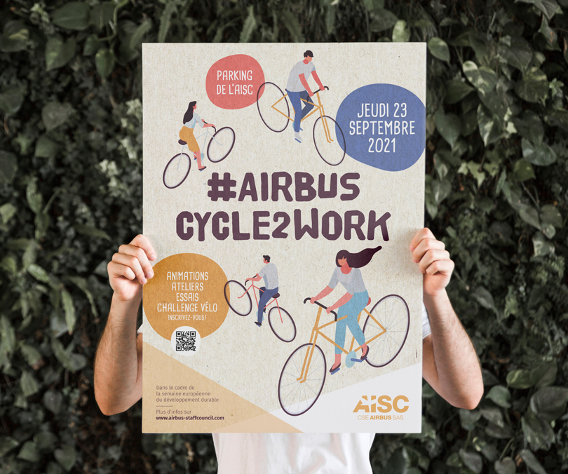 Création, entres autres supports de com de l'affiche AISC Airbus Cycle to work