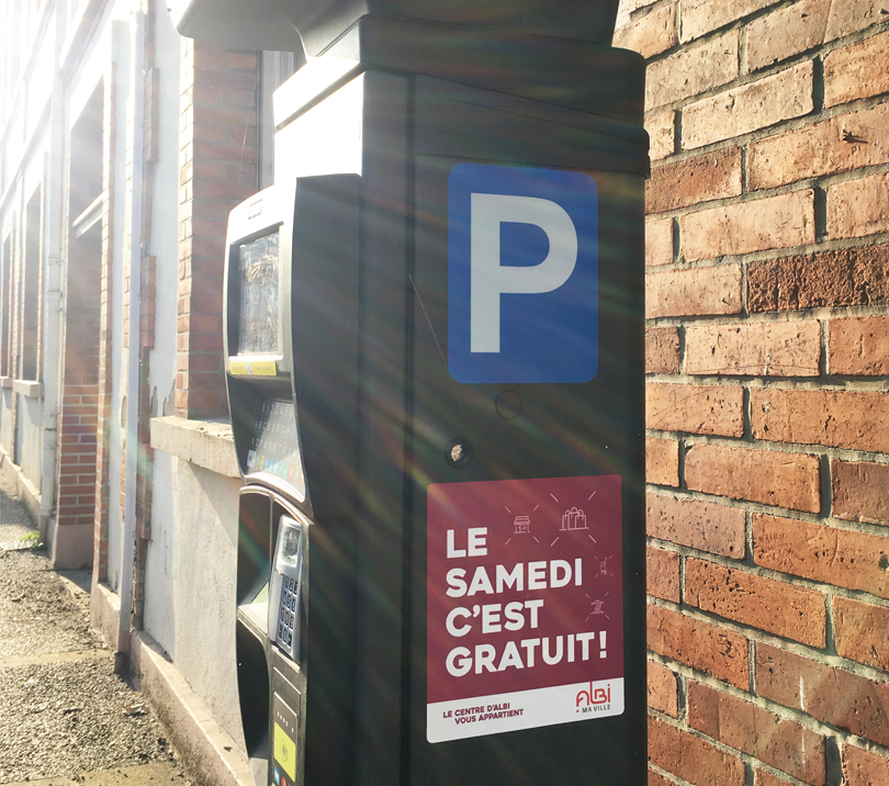 Stickers de promotion de la gratuité du stationnement réalisés pour la Ville d'Albi